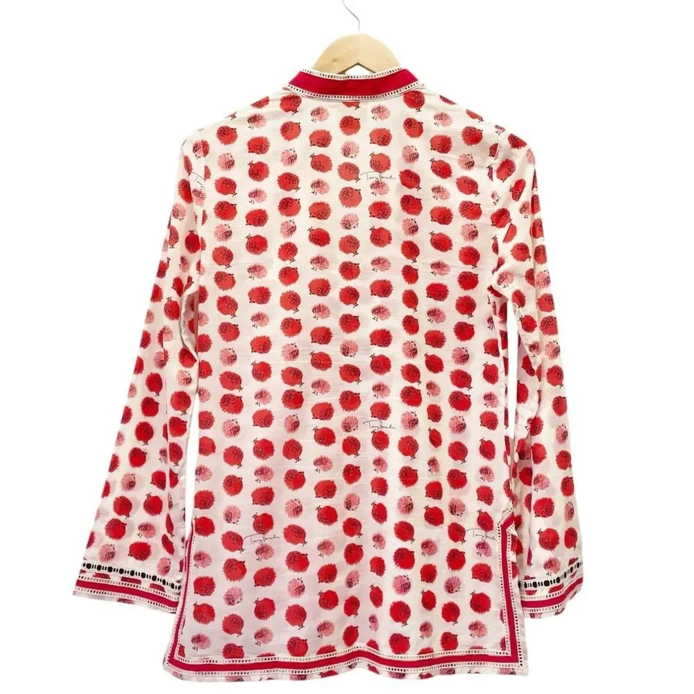 Tory Burch Tory Tunic in Tapioca Hedgehog Cotton Cream & Red Print Size 0 RARE